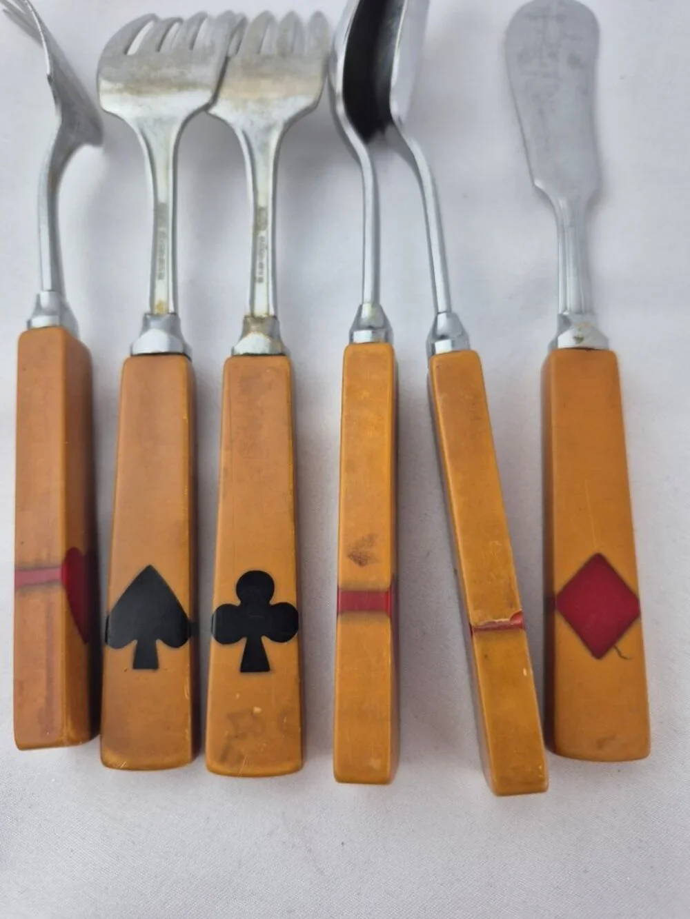 Art Deco Bakelite Flatware Inlaid Playing Card Suits 3 forks, 7 knives 7 spoons
